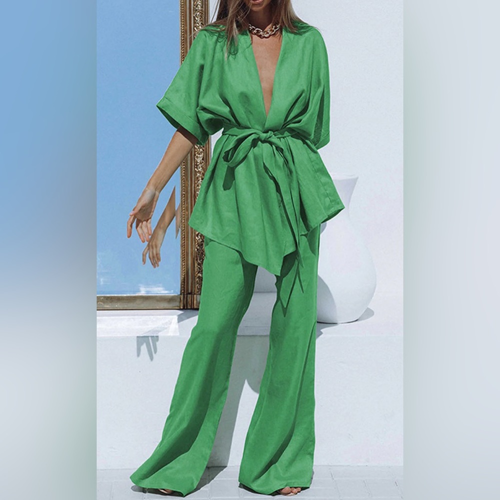 Commense Oversized Linen Tied Two Piece Pants Set - Picture 2 of 11